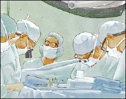 Pět poskytovatelé zdravotní péče na sobě chirurgické pláště, masky, klobouky a dělá operaci.
